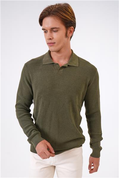 Haki Regular Fit Jakarlı Pamuklu Polo Yaka Triko
