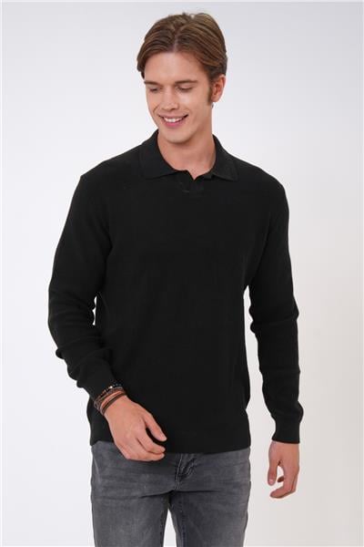 Siyah Regular Fit Jakarlı Pamuklu Polo Yaka Triko