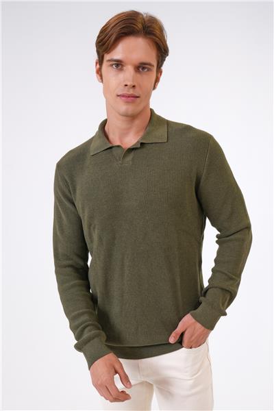 Haki Regular Fit Jakarlı Pamuklu Polo Yaka Triko
