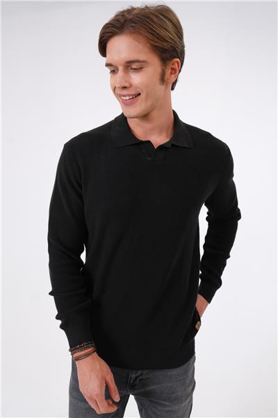 Siyah Regular Fit Jakarlı Pamuklu Polo Yaka Triko
