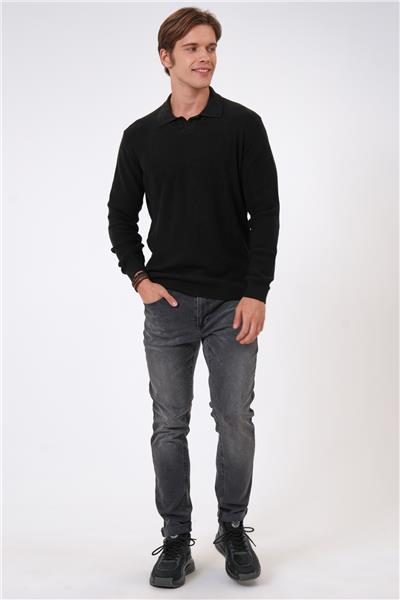Siyah Regular Fit Jakarlı Pamuklu Polo Yaka Triko