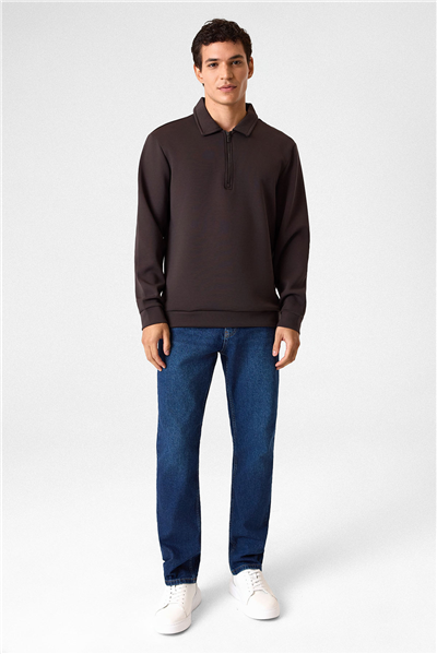 Koyu Kahve Fermuarlı Bordo Sweatshirt