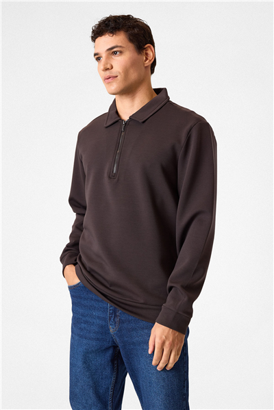 Koyu Kahve Fermuarlı Bordo Sweatshirt