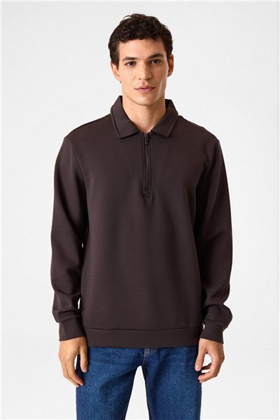 Koyu Kahve Fermuarlı Bordo Sweatshirt