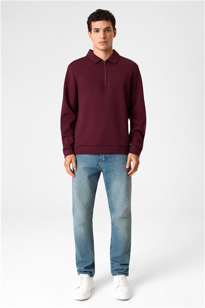 Yarım Fermuarlı Bordo Sweatshirt