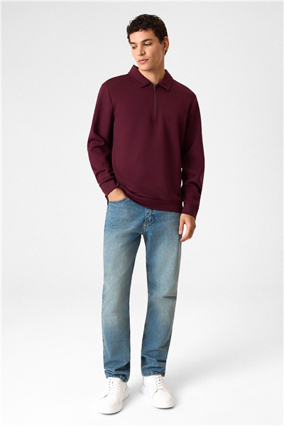 Yarım Fermuarlı Bordo Sweatshirt