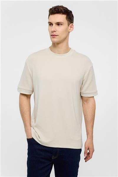 Bej Regular Fit Bisiklet Yaka Basic Tişört