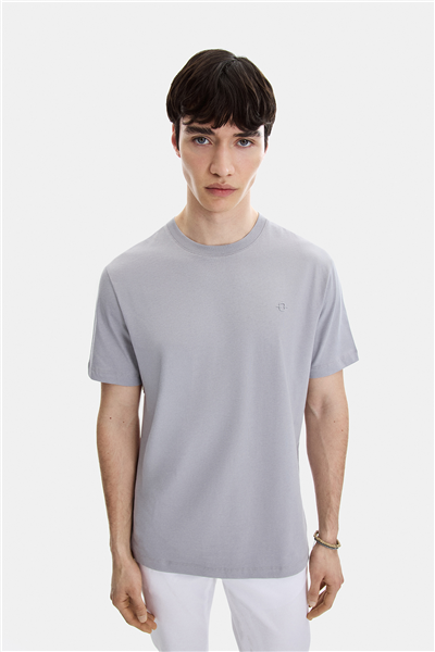 Açık Gri Regular Fit Örme Bisiklet Yaka Tişört