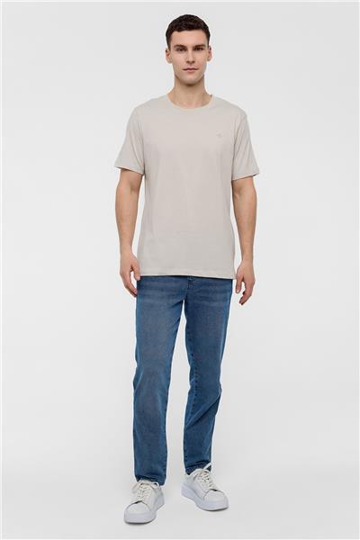 Bej Regular Fit %100 Pamuk Bisiklet Yaka Tişört