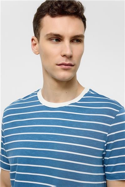 Mavi Regular Fit Bisiklet Yaka Çizgili Örme Tişört