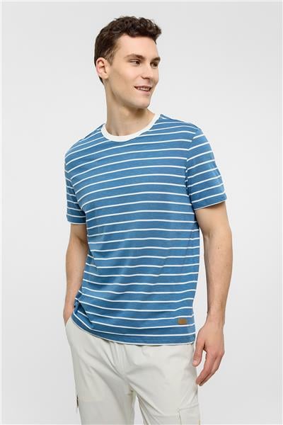 Mavi Regular Fit Bisiklet Yaka Çizgili Örme Tişört