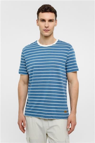 Mavi Regular Fit Bisiklet Yaka Çizgili Örme Tişört