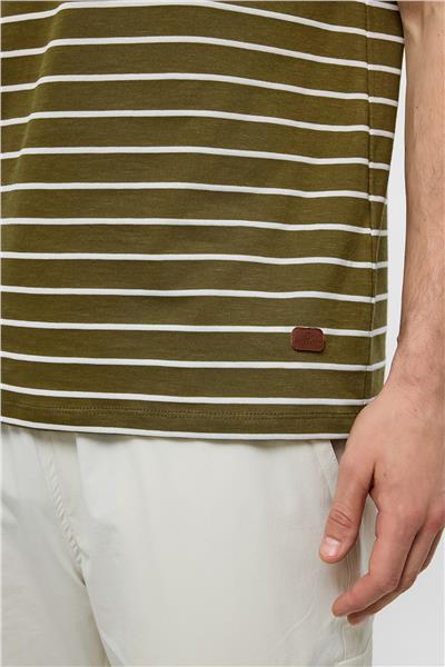 Haki Regular Fit Bisiklet Yaka Çizgili Örme Tişört