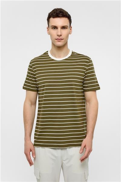 Haki Regular Fit Bisiklet Yaka Çizgili Örme Tişört