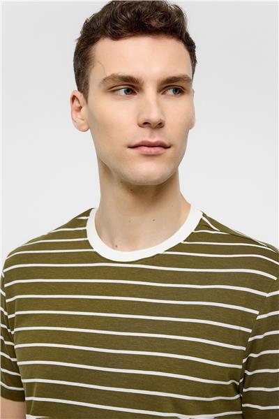 Haki Regular Fit Bisiklet Yaka Çizgili Örme Tişört