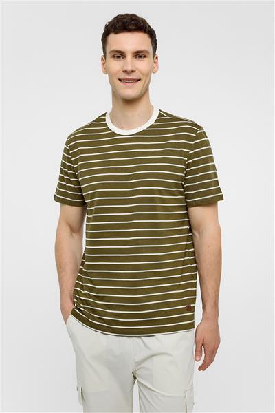 Haki Regular Fit Bisiklet Yaka Çizgili Örme Tişört