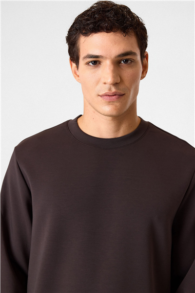 Regular Fit Bisiklet Yaka Kahverengi Sweatshirt