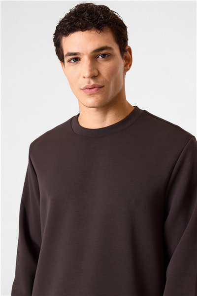 Regular Fit Bisiklet Yaka Kahverengi Sweatshirt