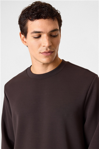 Regular Fit Bisiklet Yaka Kahverengi Sweatshirt