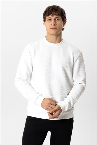 Beyaz Regular Fit Pamuklu Desenli Bisiklet Yaka Sweatshirt