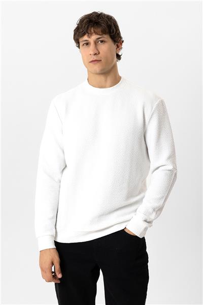 Beyaz Regular Fit Pamuklu Desenli Bisiklet Yaka Sweatshirt