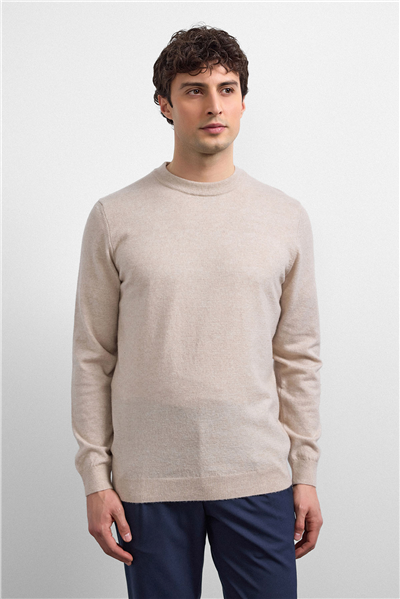 Bej Regular Fit Bisiklet Yaka Triko Kazak