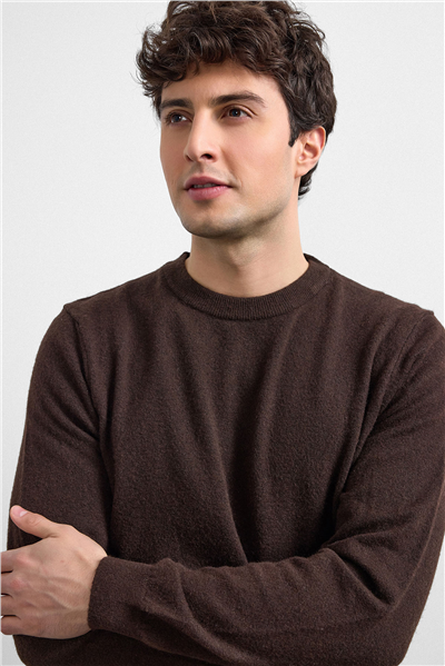 Kahve Regular Fit Bisiklet Yaka Triko Kazak