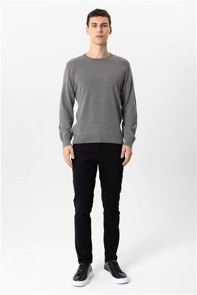 Gri Regular Fit Bisiklet Yaka Pamuklu Triko Kazak