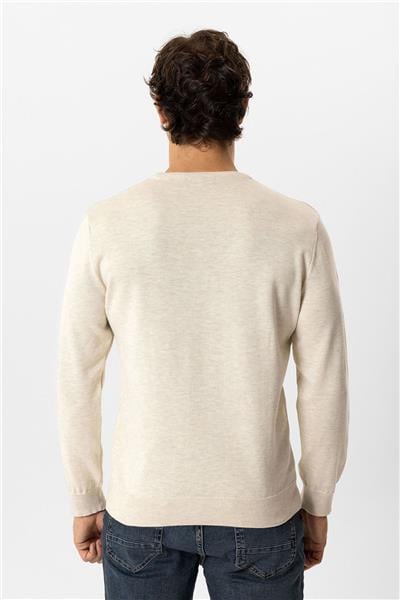 Krem Regular Fit Bisiklet Yaka Pamuklu Triko Kazak