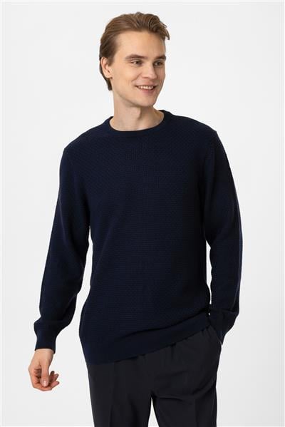 Lacivert Regular Fit Pamuklu Bisiklet Yaka Triko Kazak