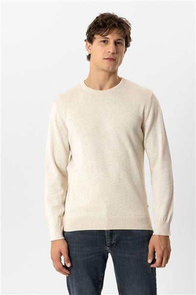 Krem Regular Fit Bisiklet Yaka Pamuklu Triko Kazak