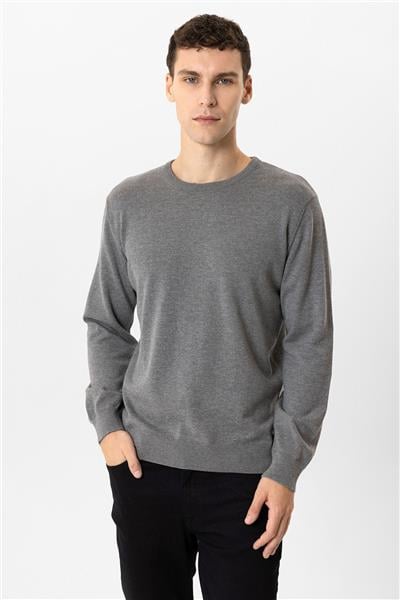 Gri Regular Fit Bisiklet Yaka Pamuklu Triko Kazak