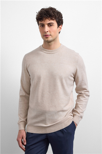 Bej Regular Fit Bisiklet Yaka Triko Kazak