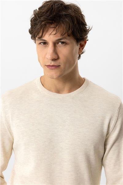 Krem Regular Fit Bisiklet Yaka Pamuklu Triko Kazak