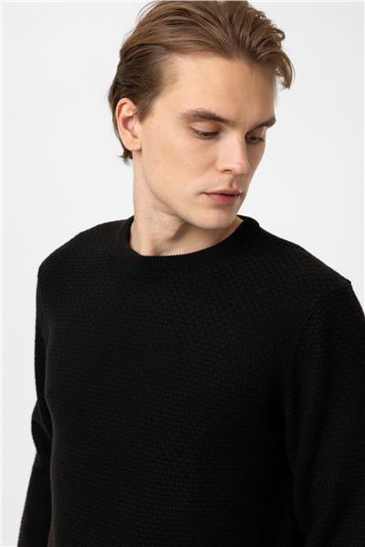 Siyah Regular Fit Pamuklu Bisiklet Yaka Triko Kazak