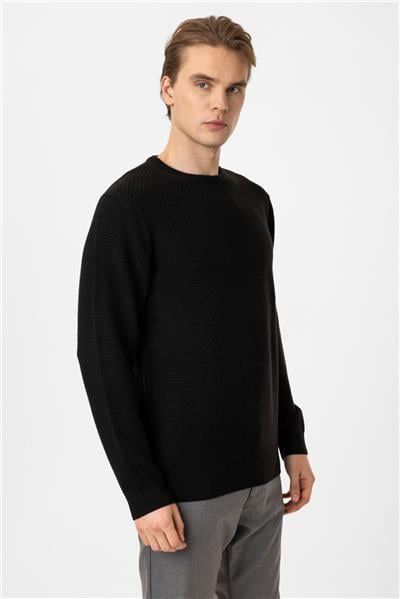 Siyah Regular Fit Pamuklu Bisiklet Yaka Triko Kazak