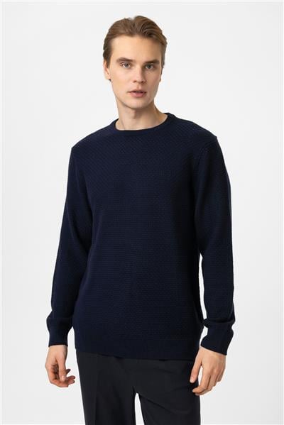 Lacivert Regular Fit Pamuklu Bisiklet Yaka Triko Kazak