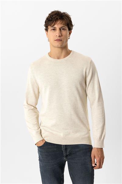 Krem Regular Fit Bisiklet Yaka Pamuklu Triko Kazak