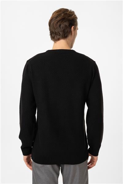 Siyah Regular Fit Pamuklu Bisiklet Yaka Triko Kazak