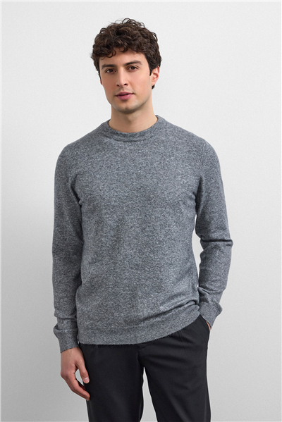 Gri Regular Fit Bisiklet Yaka Triko Kazak