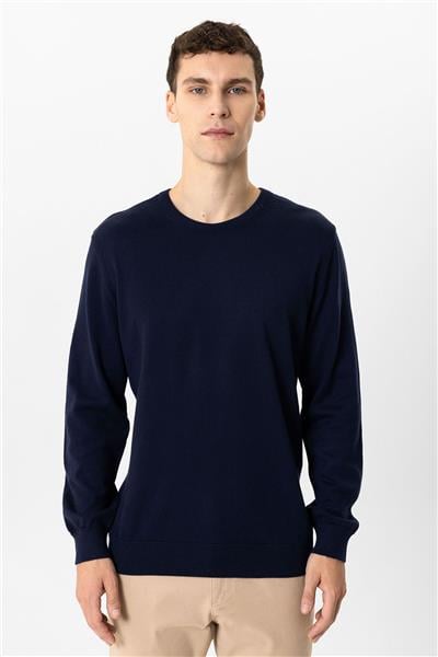 Lacivert Regular Fit Bisiklet Yaka Pamuklu Triko Kazak