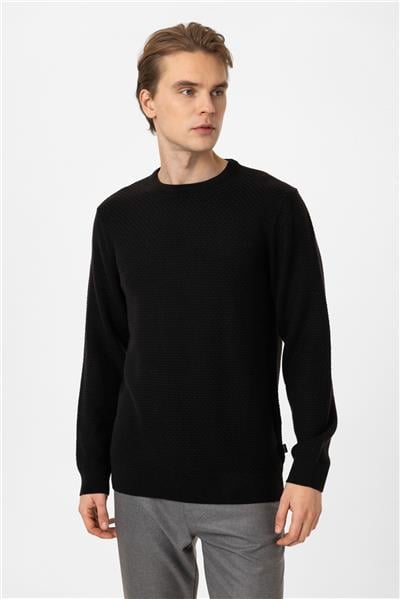 Siyah Regular Fit Pamuklu Bisiklet Yaka Triko Kazak