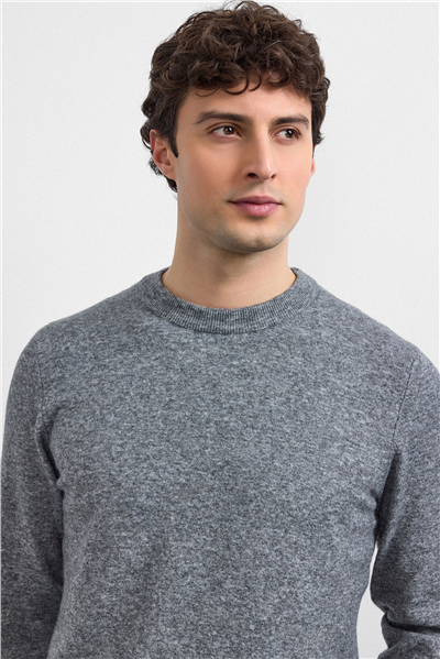 Gri Regular Fit Bisiklet Yaka Triko Kazak