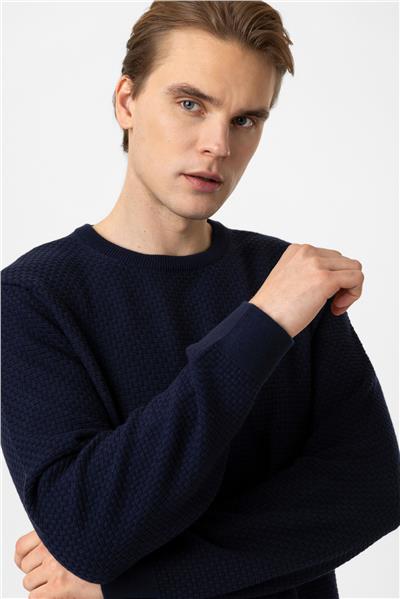 Lacivert Regular Fit Pamuklu Bisiklet Yaka Triko Kazak