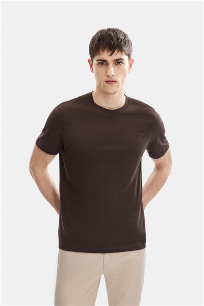 Kahve Regular Fit  Örme Bisiklet Yaka Tişört
