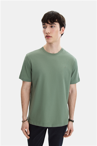 Adaçayı Regular Fit Örme Bisiklet Yaka Tişört