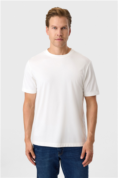 Regular Fit Ekru Bisiklet Yaka Tişört