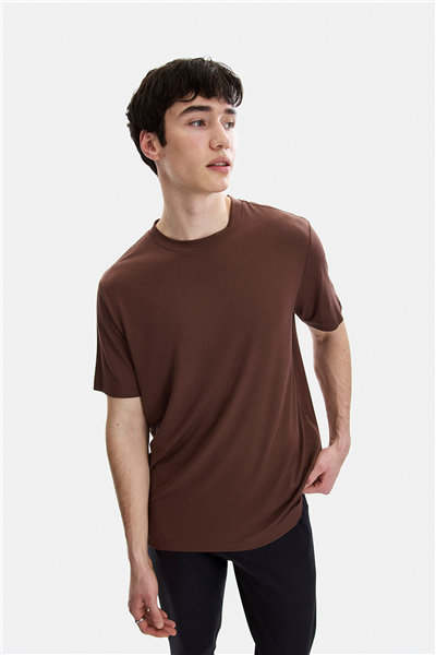 Kahve Regular Fit Bisiklet Yaka Tişört