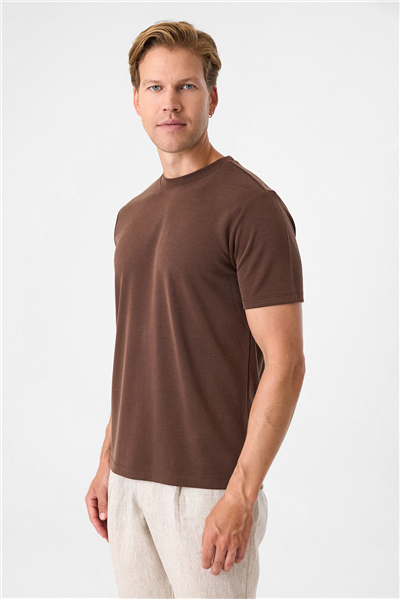 Kahve Regular Fit Bisiklet Yaka Tişört