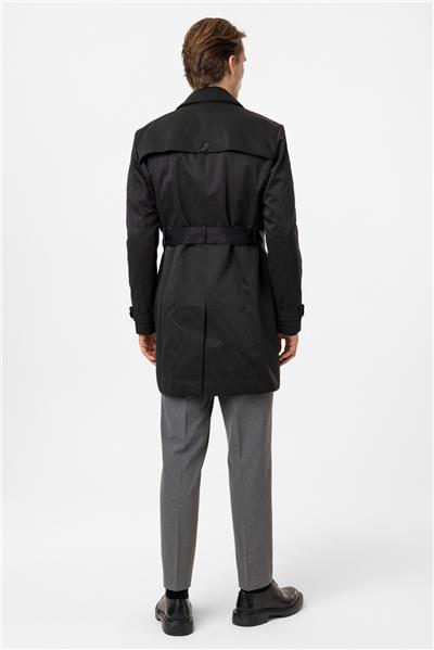 Siyah Regular Fit Casual Kruvaze Trençkot